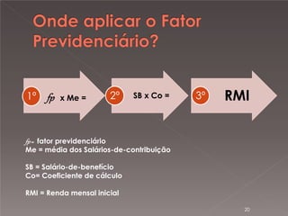 1º

fp

x Me =

2º

SB x Co =

3º

RMI

fp = fator previdenciário
Me = média dos Salários-de-contribuição

SB = Salário-de-benefício
Co= Coeficiente de cálculo
RMI = Renda mensal inicial
20

 