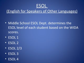 ESOL
(English for Speakers of Other Languages)

• Middle School ESOL Dept. determines the
  ESOL level of each student based on the WIDA
  scores.
• ESOL 1
• ESOL 2
• ESOL 2/3
• ESOL 3
• ESOL 4
 
