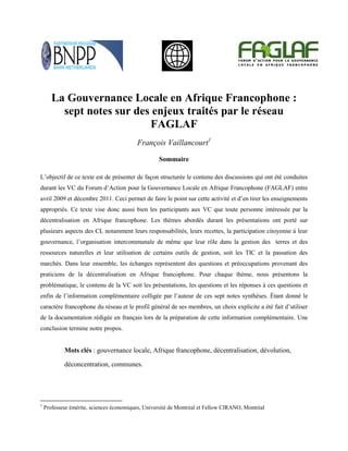 La Gouvernance Locale en Afrique Francophone :
sept notes sur des enjeux traités par le réseau
FAGLAF
François Vaillancour...