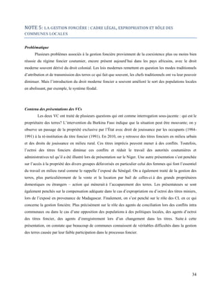 34
NOTE 5: LA GESTION FONCIÈRE : CADRE LÉGAL, EXPROPRIATION ET RÔLE DES
COMMUNES LOCALES
Problématique
Plusieurs problèmes...