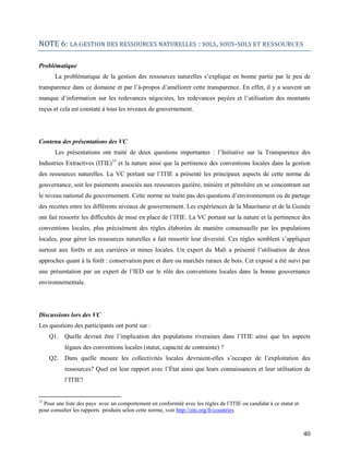 40
NOTE 6: LA GESTION DES RESSOURCES NATURELLES : SOLS, SOUS-SOLS ET RESSOURCES
Problématique
La problématique de la gesti...