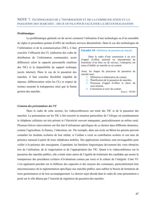 47
NOTE 7: TECHNOLOGIES DE L’INFORMATION ET DE LA COMMUNICATION ET LA
PASSATION DES MARCHÉS : DEUX OUTILS POUR FACILITER L...
