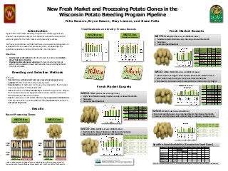 New Fresh Market and Processing Potato Clones in the
                                                                Wisconsin Potato Breeding Program Pipeline
                                                                                       Félix Navarro, Bryan Bowen, Mary Lemere, and Jiwan Palta

                                                                                                Yield Size Grade and Gravity: Process Russets
                                       Introduction                                                                                                                                                                                Fresh Market Russets
     A goal of the UW Potato Breeding Program is to develop genetically
                                                                                                        W6234-4rus                             W8152-1rus
     superior russet potato cultivars that satisfy or exceed the standard for                         (Moderately Low Acrylamide)            (Extremely Low Acrylamyde)                                 W8772-1rus (W2253-2rus x CO82142-4rus)
     yield and grade for the fresh market and processing markets.                                                                                                                                        Moderate yield. Medium early. As early as Russet Norkotah
                                                                                                                                                                                                         Nice type
      Each year parental lines with desired traits are crossed and progenies are                                                                                                                         Common Scab Resistant
     evaluated for fresh market and processing traits, emphasizing early
     selection evaluation in Central WI and other environments                                                                                                                                                                                                                                                    Tuber
                                                                                                                                                                                                                                                                                                                            Spec
                                                                                                                                                                                                                                                                                                                                       Free
                                                                                                                                                                                                                                                                                 Location Clone                    Pref              Internal
                                                                                                                                                                                                                                                                                                                            Grav
                                                                                                                                                                                                                                                                                                                   1-5               Defects
     Objectives:                                                                                                                                                                                                                                                                HARS-Y3    W8772-1rus                      1.064       95.6
                                                                                                                                                                                                                                                                                  2009     RBurbank                        1.078       84.7
     •   Development of alternatives for the fresh market to varieties like Goldrush,                                                                                                                                                                                           HARS-Y4    W8772-1rus     1.9              1.063       96.4
                                                                                                                                                                                                                                                                                  2010     RNorkotah      2.0              1.066       96.3
         Russet Norkotah or Silverton.                                                                                                                                                                                                                                          HARS-Y5    W8772-1rus     1.8              1.056       94.1
     •   Developing processing russet varieties with more consistent agronomic                                                                                                                                                                                                    2011     RNorkotah      1.9              1.060       91.7
                                                                                                                                                                                                                                                                                HARS-SPP   W8772-1rus     2.0              1.071       92.1
         performance compared to Russet Burbank while closely retaining Burbanks’                                                                                                                                                                                                 2012     RNorkotah Sel8 2.0              1.063       80.8
         French fry attributes.


            Breeding and Selection Methods                                                                                                                                                              W9133-1rus (ND4093-4rus x CO82142-4rus)
                                                                                                                                                                                                         Yield similar or higher than Russet Norkotah. Medium late.
     Each year:                                                                                                                                                                                          Nice tuber external type. Very low internal defects
     • Parental lines with desired traits are crossed and progenies are                                                                                                                                  Tolerant to common scab. Susceptible to VW and early blight.
       evaluated for fresh market and processing traits.
     • Early Selection: in field year 1-2 clones are evaluated for fresh market
                                                                                                                       Fresh Market Russets
                                                                                                                                                                                                                                                                                                                            Tuber          Internal

       or processing traits at Rhinelander ARS.                                                                                                                                                                                                                                                  Location Clones             Pref SG
                                                                                                                                                                                                                                                                                                                             (1-5)
                                                                                                                                                                                                                                                                                                                                           Defects
                                                                                                                                                                                                                                                                                                                                            Free %

     • Year 3-5: Clones are more intensively evaluated for agronomic, disease,                                                                                                                                                                                                                   HARS-Y3
                                                                                                                                                                                                                                                                                                 2010
                                                                                                                                                                                                                                                                                                             W9133-1rus
                                                                                                                                                                                                                                                                                                             RNorkotah
                                                                                                                                                                                                                                                                                                                                   1.059
                                                                                                                                                                                                                                                                                                                                   1.060

       fresh market and processing potential at various locations: Hancock                      W8516-1rus (Silverton x Ranger Rus)
                                                                                                                                                                                                                                                                                                 HARS-Y4
                                                                                                                                                                                                                                                                                                 2011
                                                                                                                                                                                                                                                                                                             W9133-1rus
                                                                                                                                                                                                                                                                                                             RNorkotah
                                                                                                                                                                                                                                                                                                                            1.6
                                                                                                                                                                                                                                                                                                                            2.0
                                                                                                                                                                                                                                                                                                                                   1.068
                                                                                                                                                                                                                                                                                                                                   1.067
                                                                                                                                                                                                                                                                                                                                              94.4
                                                                                                                                                                                                                                                                                                                                              90.9

       ARS, Rhinelander ARS and out of WI.                                                                                                                                                                                                                                                       HARS-Y5     W9133-1rus     1.8    1.059      95.9

                                                                                                 High Yield. Medium early; maybe as early as Russet Norkotah.                                                                                                                                   2012        RNorkotah      2.2    1.063      92.8

     • Year 6+: Evaluation in WI (HARS, RARS, Antigo) regional, national trials                                                                                                                                                                                                                  HARS-SPP    W9133-1rus     1.0    1.061      97.0
                                                                                                 Nice type                                                                                                                                                                                      2012        RNorkotah Sel8 2.0     1.06      81.0
       and some locations in Canada (MB, ON, NB): Agronomic performance                                                                                                                                                                                                                          HARS-       W9133-1rus     1.8    1.061      93.3
                                                                                                 Common Scab Resistant                                                                                                                                                                          WVT 2012    RNorkotah      2.3    1.064      83.3
       and processing traits.                                                                                                                                                                                                                                                                    Antigo
                                                                                                                                                                                                                                                                                                 WVT 2012
                                                                                                                                                                                                                                                                                                             W9133-1rus
                                                                                                                                                                                                                                                                                                             RNorkotah
                                                                                                                                                                                                                                                                                                                            1.8
                                                                                                                                                                                                                                                                                                                            1.5
                                                                                                                                                                                                                                                                                                                                   1.067
                                                                                                                                                                                                                                                                                                                                   1.072
                                                                                                                                                                                                                                                                                                                                              97.2
                                                                                                                                                                                                                                                                                                                                              79.0
                                                                                                                                                                                                                                                                                                 Alliston,   W9133-1rus
                                                                                                                                                                                                                                                                                                 Canada      Rburbank


                                              Results
                                                                                                                                                                         Tuber         Free
                                                                                                                                                                                Spec
                                                                                                                                                Location    Clone       Pref 1-      Internal
                                                                                                                                                                                Grav
                                                                                                                                               HARS-Y4
                                                                                                                                                                           5
                                                                                                                                                            W8516-1rus 2.3 1.072
                                                                                                                                                                                     Defects
                                                                                                                                                                                       95.7           W9433-1rus (Calwhite x A96023-6)
                                                                                                                                                                          2.4 1.073
     Russet Processing Clones
                                                                                                                                                 2009
                                                                                                                                               HARS-Y5
                                                                                                                                                            RNorkotah
                                                                                                                                                            W8516-1rus 1.8 1.058
                                                                                                                                                                                       83.1
                                                                                                                                                                                       94.5           Nice looking light russet. Less internal defects than Russet Norkotah
                                                                                                                                                 2011
                                                                                                                                               HARS-SPP
                                                                                                                                                            RNorkotah     1.9 1.060
                                                                                                                                                            W8516-1rus 1.5 1.072
                                                                                                                                                                                       92.1
                                                                                                                                                                                       90.4
                                                                                                                                                                                                      Tolerance to Verticillium wilt and Early Blight. Maturity: Medium Late
               W6234-4rus                                   W8152-1rus                                                                           2012       RNorkotah Sel81.7 1.063    80.8

            (Umatilla Russet x A9014-2rus)               (A93004-3RU x CO94035-15RU)
                                                                                                                                                                                                                                                                                      Location   Clone             Tuber   Spec      Free
                                                                                                                                                                                                                                                                                                                    Pref   Grav    Internal
                                                                                                                                                                                                                                                                                                                    1-5            Defects
                                                                                                                                                                                                                                                                                     HARS-Y3     W9433-1rus                1.074     82.0
                                                                                                W8722-1rus (A9014-2rus x W2683-2rus)                                                                                                                                                 2009
                                                                                                                                                                                                                                                                                     HARS-Y4
                                                                                                                                                                                                                                                                                                 RBurbank
                                                                                                                                                                                                                                                                                                 W9433-1rus         2.2
                                                                                                                                                                                                                                                                                                                           1.073
                                                                                                                                                                                                                                                                                                                           1.069
                                                                                                                                                                                                                                                                                                                                     84.2


                                                                                                Yield similar to Russet Norkotah. Medium late maturity.                                                                                                                             2010
                                                                                                                                                                                                                                                                                     HARS-Y5
                                                                                                                                                                                                                                                                                                 RNorkotah
                                                                                                                                                                                                                                                                                                 W9433-1rus
                                                                                                                                                                                                                                                                                                                    2.0
                                                                                                                                                                                                                                                                                                                    1.8
                                                                                                                                                                                                                                                                                                                           1.066
                                                                                                                                                                                                                                                                                                                           1.066     91.1
                                                                                                Nice tuber shape and Common scab resistance                                                                                                                                         2011
                                                                                                                                                                                                                                                                                     HARS-SPP
                                                                                                                                                                                                                                                                                                 RNorkotah
                                                                                                                                                                                                                                                                                                 W9433-1rus
                                                                                                                                                                                                                                                                                                                    1.9
                                                                                                                                                                                                                                                                                                                    1.8
                                                                                                                                                                                                                                                                                                                           1.060
                                                                                                                                                                                                                                                                                                                           1.077
                                                                                                                                                                                                                                                                                                                                     91.7
                                                                                                                                                                                                                                                                                                                                     92.7
                                                                                                                                                 Location   Clone          Tuber   Spec      Free
                                                                                                                                                                                                                                                                                     2012        RNorkotah Sel8     1.7    1.063     81.0
                                                                                                                                                                            Pref   Grav    Internal
                                                                                                                                                                            1-5            Defects
                                                                                                                                               HARS-Y3    W8722-1rus               1.076    91.3
                                                                                                                                               2009       RBurbank                 1.078    84.7
                                                                                                                                               HARS-Y4    W8722-1rus        2.8    1.064    93.3
     1mo                                         1mo                                                                                           2010

     48°F                                        48°F                                                                                          HARS-SPP
                                                                                                                                               2012
                                                                                                                                                          RNorkotah
                                                                                                                                                          W8722-1rus
                                                                                                                                                          RNorkotah Sel8
                                                                                                                                                                            2.0
                                                                                                                                                                            2.0
                                                                                                                                                                            2.0
                                                                                                                                                                                   1.066
                                                                                                                                                                                   1.067
                                                                                                                                                                                   1.063
                                                                                                                                                                                            96.3
                                                                                                                                                                                            93.8
                                                                                                                                                                                            80.8
                                                                                                                                                                                                      SpudPro Seed Availability (Foundation Seed Farm)
                                                                                                                                               HARS-WVT W8722-1rus          1.5    1.069    93.3
                                                                                                                                               2011       RNorkotah         2.0    1.069    93.1
                                                                                                                                                                                                                   Variety    2012 2013 2014  2015 2016 2017 2018 2019 2020
                                                                                                                                               HARS-WVT W8722-1rus          2.2    1.070    96.7                               E2   SG SG/Com
                                                                                                                                               2012       RNorkotah         2.3    1.064    83.3                   W6234-4rus
                                                 3mo                                                                                                                                                                           E1   E2   SG SG/Com
     3mo                                                                                                                                       Antigo WVT W8722-1rus        2.5    1.073    78.5
                                                                                                                                               2012       RNorkotah         2.8    1.077    95.7                   W8152-1rus       MT   E1    E2   SG SG/Com
     48°F                                        48°F
29                                                                                                                                                                                                                 W8516-1rus VC VC/TC
                                                                                                                                                                                                                   W8722-1rus VC VC/TC
             W6234-4rus      Russet Burbank             W8152-1rus       Russet Burbank                                                                                                                            W9133-1rus VC VC/TC
                                                                                                                                                                                                                   W9433-1rus VC VC/TC
     Tuber characteristics of W6234-4rus and W8152-1rus and comparison of
                                                                                                                                                                                                      Note: MT = mini-tuber production, E1, E2, SG foundation seed categories, SpudPro on-farm test, SG/Com = certified seed
     fry products to Russet Burbank processed at 1 and 3 months after harvest.
 