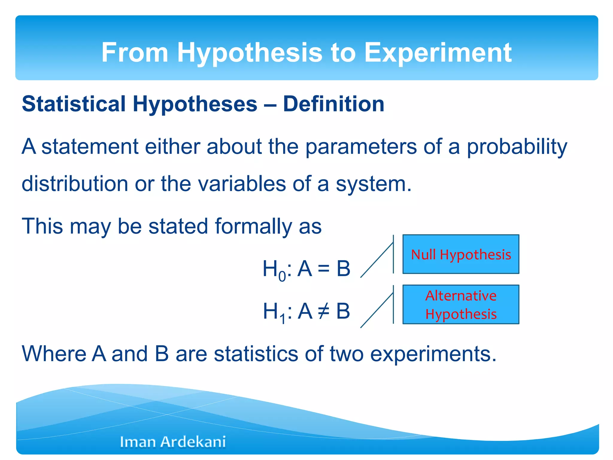 Statistical Hypotheses – Definition
A statement either about the parameters of a probability
distribution or the variables of a system.
This may be stated formally as
H0: A = B
H1: A ≠ B
Where A and B are statistics of two experiments.
From Hypothesis to Experiment
Null Hypothesis
Alternative
Hypothesis
 