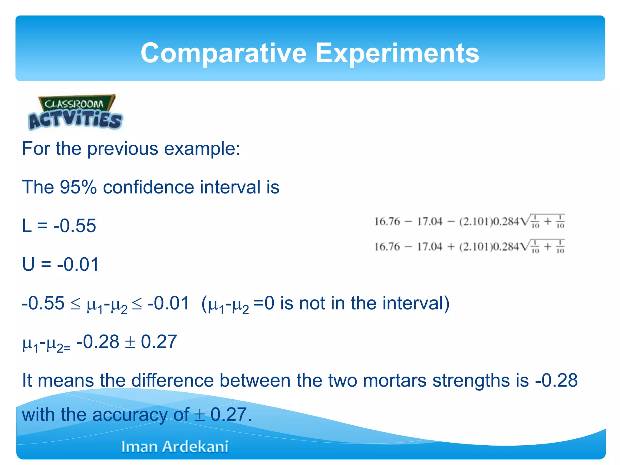 For the previous example:
The 95% confidence interval is
L = -0.55
U = -0.01
-0.55  1-2  -0.01 (1-2 =0 is not in the interval)
1-2= -0.28  0.27
It means the difference between the two mortars strengths is -0.28
with the accuracy of  0.27.
Comparative Experiments
 