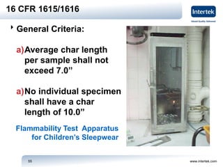 www.intertek.com55
General Criteria:
a)Average char length
per sample shall not
exceed 7.0”
a)No individual specimen
shall have a char
length of 10.0”
Flammability Test Apparatus
for Children’s Sleepwear
16 CFR 1615/1616
 