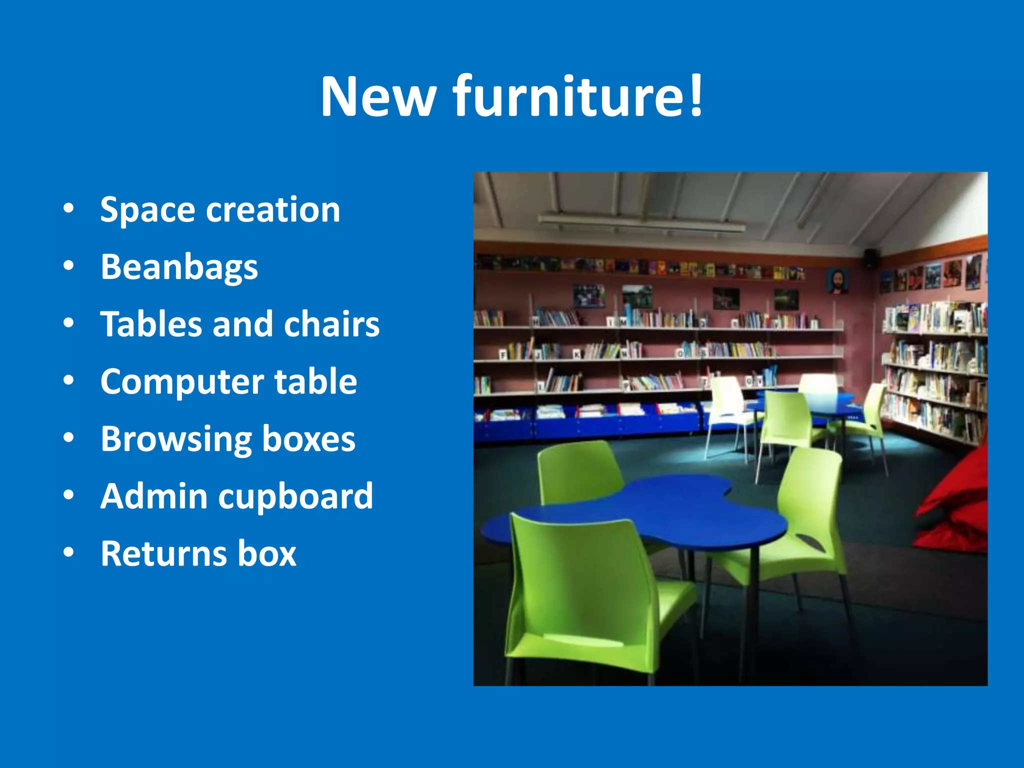 New furniture!
•
•
•
•
•
•
•

Space creation
Beanbags
Tables and chairs
Computer table
Browsing boxes
Admin cupboard
Returns box

 