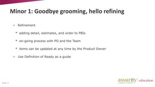 Minor 1: Goodbye grooming, hello refining
+ Refinement

•

adding detail, estimates, and order to PBIs

•

on-going process with PO and the Team

•

items can be updated at any time by the Product Owner

+ Use Definition of Ready as a guide

SLIDE | 21

 