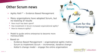 Other Scrum news
+ Agility Path™ – Evidence Based Management

+ Many organizations have adopted Scrum, but
no tracking of results

•
•
•

How much has been spent?
Has investment in Scrum increased organizational agility?
How to measure agility?

+ Model to guide entire enterprise to become more
manoeuvrable

+ Based on
o
Evidence Based Management – organisational agility metrics
o
Scrum to implement Scrum – incremental, iterative change
o
Kotter’s change model – engage the entire organisation
SLIDE | 26

 
