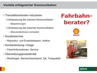 • Transaktionskosten reduzieren
– Verbesserung der internen Kommunikation
– Besprechungen
– Verbesserung der externen Kommunikation
– Missverständnisse vermeiden
• Kundenservice
– Reparatur- und Ersatzteilwesen, Hotline
• Kundenbindung / Image
– Falschinformationen, Service
• Übersetzungsproduktivität
– Rückfragen, Rechercheaufwand, QA, Textqualität
Vorteile erfolgreicher Kommunikation
5
 
