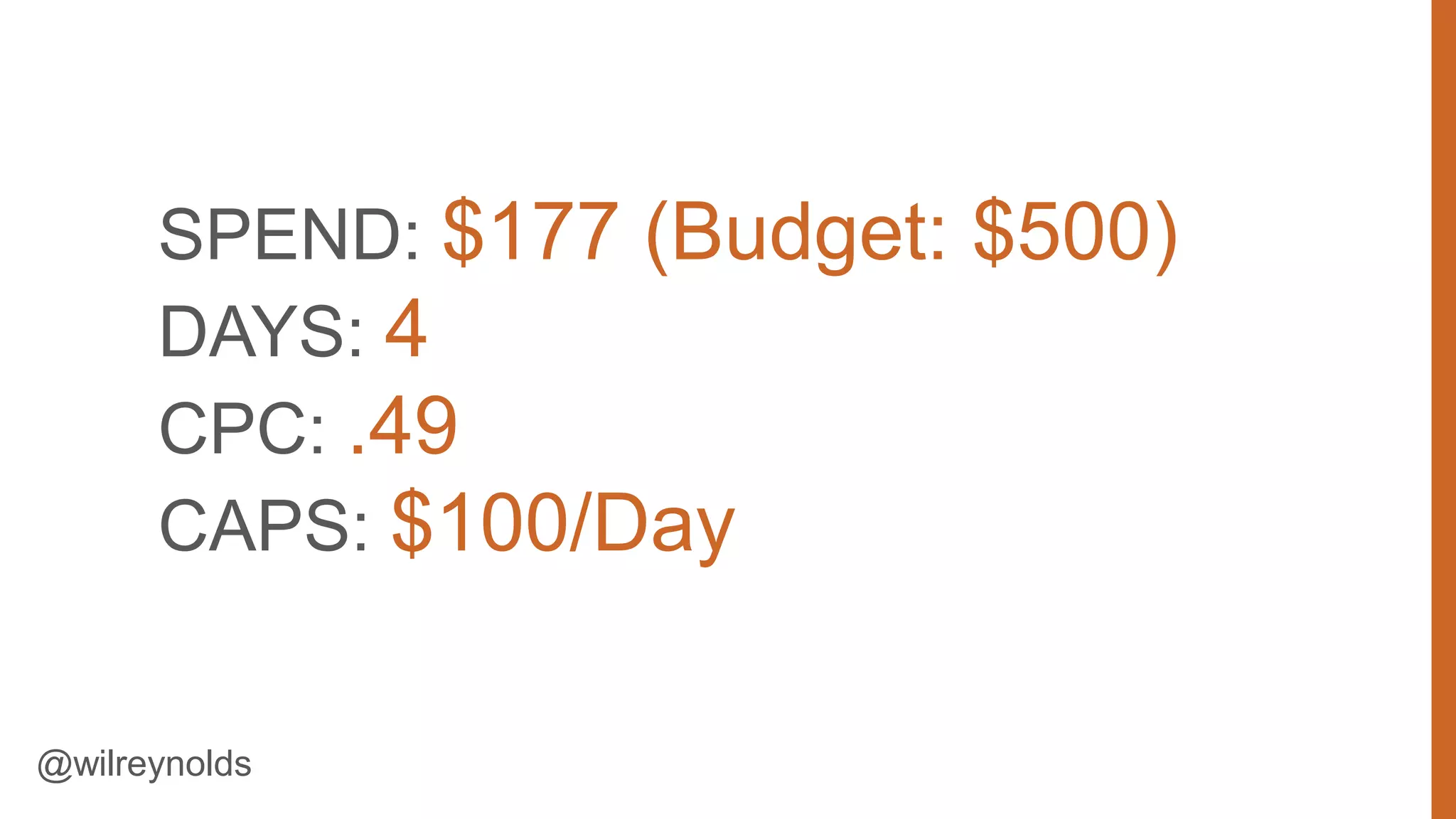 SPEND: $177 (Budget: $500)
DAYS: 4
CPC: .49
CAPS: $100/Day

@wilreynolds

40

 