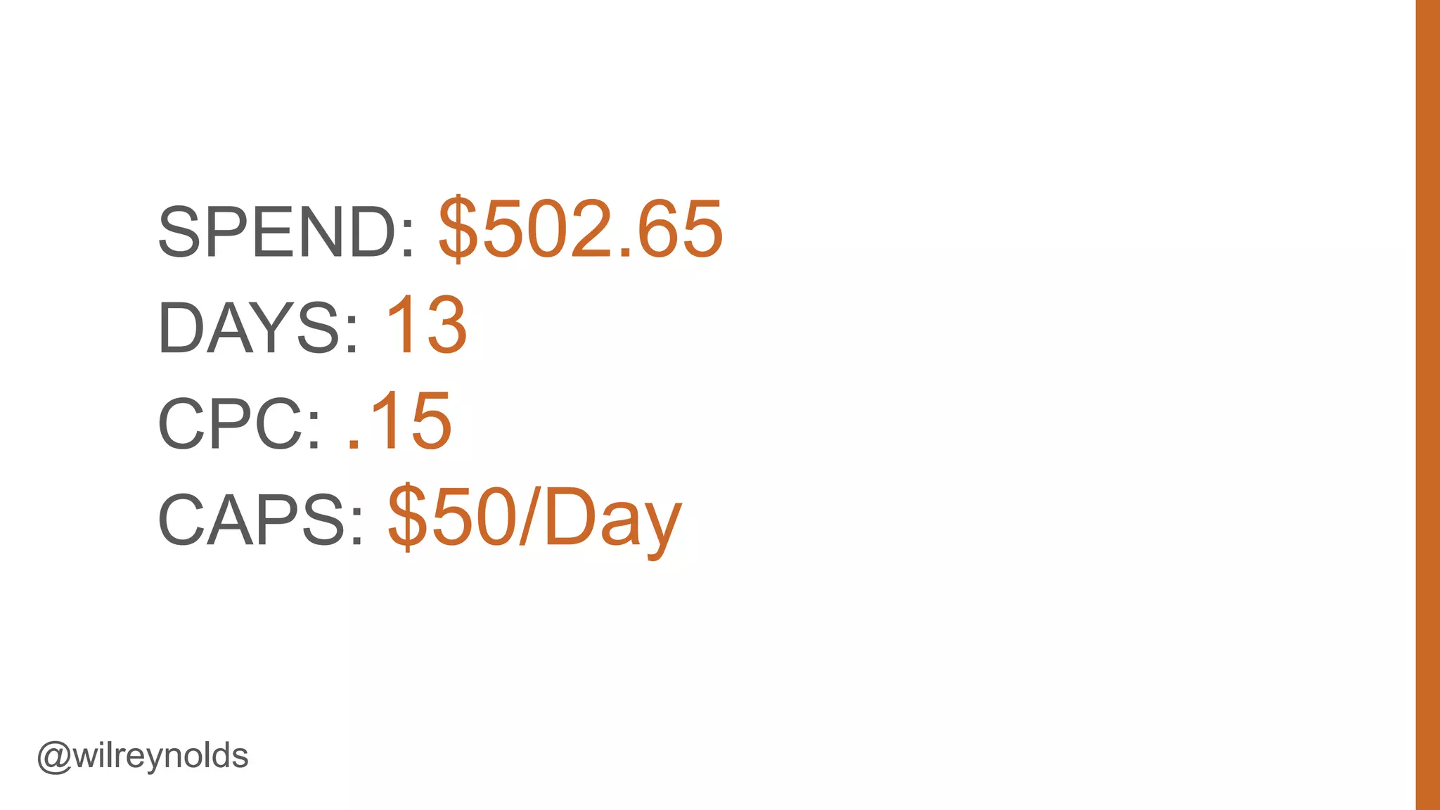 SPEND: $502.65
DAYS: 13
CPC: .15
CAPS: $50/Day

@wilreynolds

57

 
