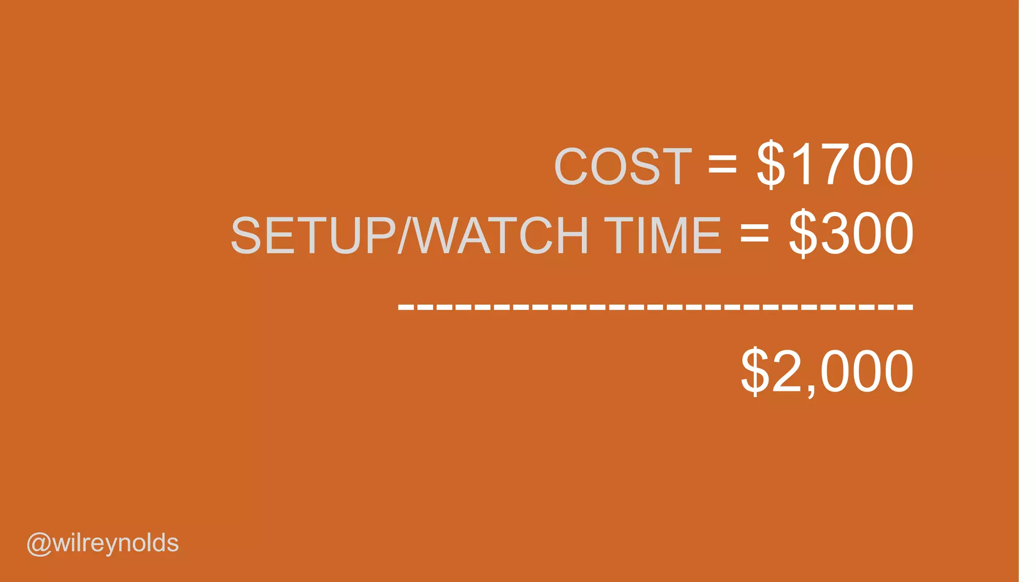 COST = $1700
SETUP/WATCH TIME = $300

--------------------------$2,000
@wilreynolds

 