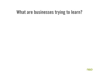 What are businesses trying to learn?
1. Is there a need / opportunity in the market?
31
 