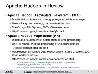 Deep Dive content by Hortonworks, Inc. is licensed under a
Creative Commons Attribution-ShareAlike 3.0 Unported License.
Apache Hadoop in Review
• Apache Hadoop Distributed Filesystem (HDFS)
– Distributed, fault-tolerant, throughput-optimized data storage
– Uses a filesystem analogy, not structured tables
– The Google File System, 2003, Ghemawat et al.
– http://research.google.com/archive/gfs.html
• Apache Hadoop MapReduce (MR)
– Distributed, fault-tolerant, batch-oriented data processing
– Line- or record-oriented processing of the entire dataset
– “[Application] schema on read”
– MapReduce: Simplified Data Processing on Large Clusters, 2004,
Dean and Ghemawat
– http://research.google.com/archive/mapreduce.html
Page 12
For more on writing MapReduce applications, see “MapReduce
Patterns, Algorithms, and Use Cases”
http://highlyscalable.wordpress.com/2012/02/01/mapreduce-patterns/
 
