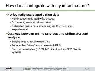 Deep Dive content by Hortonworks, Inc. is licensed under a
Creative Commons Attribution-ShareAlike 3.0 Unported License.
How does it integrate with my infrastructure?
• Horizontally scale application data
– Highly concurrent, read/write access
– Consistent, persisted shared state
– Distributed online data processing via Coprocessors
(experimental)
• Gateway between online services and offline storage/
analysis
– Staging area to receive new data
– Serve online “views” on datasets in HDFS
– Glue between batch (HDFS, MR1) and online (CEP, Storm)
systems
Page 32
 