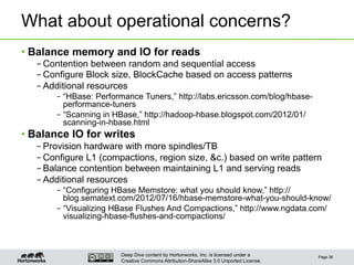 Deep Dive content by Hortonworks, Inc. is licensed under a
Creative Commons Attribution-ShareAlike 3.0 Unported License.
What about operational concerns?
• Balance memory and IO for reads
– Contention between random and sequential access
– Configure Block size, BlockCache based on access patterns
– Additional resources
– “HBase: Performance Tuners,” http://labs.ericsson.com/blog/hbase-
performance-tuners
– “Scanning in HBase,” http://hadoop-hbase.blogspot.com/2012/01/
scanning-in-hbase.html
• Balance IO for writes
– Provision hardware with more spindles/TB
– Configure L1 (compactions, region size, &c.) based on write pattern
– Balance contention between maintaining L1 and serving reads
– Additional resources
– “Configuring HBase Memstore: what you should know,” http://
blog.sematext.com/2012/07/16/hbase-memstore-what-you-should-know/
– “Visualizing HBase Flushes And Compactions,” http://www.ngdata.com/
visualizing-hbase-flushes-and-compactions/
Page 36
 