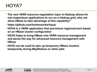 Deep Dive content by Hortonworks, Inc. is licensed under a
Creative Commons Attribution-ShareAlike 3.0 Unported License.
HOYA?
•  The new YARN resource negotiation layer in Hadoop allows for
non-mapreduce applications to run on a Hadoop grid, why not
allow HBase to take advantage of this capability?
•  https://github.com/hortonworks/hoya/
•  HOYA is a YARN application that provisions regionservers based
on an HBase cluster configuration
•  HOYA helps to bring HBase into YARN resource management
and paves the way for advanced resource management with
HBase
•  HOYA can be used to spin up temporary HBase clusters
temporarily during MapReduce or other jobs
Page 50
 