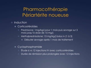 Pharmacothérapie
Périartérite noueuse
 Induction
 Corticostéroïdes
 Prednisone: 1mg/kg/j pour 1 mois puis sevrage sur 3
mois jusqu’à dose de 15 mg/j
 Methylprednisolone: 15 mg/kg/j bolus iv (1 à 3)
 Débuter sevrage après 1 mois de traitement
 Cyclophosphamide
 Étude 6 vs 12 injections IV avec corticostéroïdes
 Durée de rémission plus prolongée avec 12 injections
 