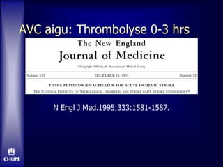 AVC aigu: Thrombolyse 0-3 hrs
N Engl J Med.1995;333:1581-1587.
 