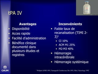tPA IV
Avantages
 Disponibilité
 Acces rapide
 Facilité d’administration
 Bénéfice clinique
documenté dans
plusieurs études et
registres
Inconvénients
 Faible taux de
recanalisation (TIMI 2-
3)1
• CI 10%
• ACM M1 25%
• M2-M3 40%
 Hémorragie
intracérébrale
 Hémorragie systémique
1 Wolpert AJNR 1993, Yamaguchi Cerebrovasc Dis 1993, Mori, Neurology 1992
 