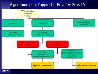 Algorithme pour l’approche IV vs IV-IA vs IA
AVC circulation
antérieure
≤4.5 hrs
NIHSS ≥10 NIHSS <10
CT cérébral
+/- CTA gerbe-Willis
CT cérébral
+/- CTA gerbe-Willis
tPA-IV tPA-IV
Age <83 ans
ASPECTS ≥5
Occlusion proximale au CTA
NIHSS 8-9
Occlusion proximale au CTA
Age <83 ans
ASPECTS ≥5
Approche IA à considérer Approche IA à considérer
Contre-indication
au tPA-IV
 
