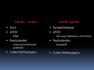 Cas #1 72 ans Cas #2 59 ans
 Suivi
 ATCD
 PABI
 Particularités
 Anévrysme Fémorale
profonde
 Cutler-Darling type 1
 Symptomatique
 ATCD
 Fem-pop. Bilatéraux…
 Particularités
 Korsakoff
 Cutler-Darling type 2
thrombosés
 