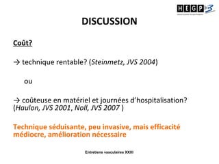 Entretiens vasculaires XXXI
DISCUSSION
Coût?
→ technique rentable? (Steinmetz, JVS 2004)
ou
→ coûteuse en matériel et journées d’hospitalisation?
(Haulon, JVS 2001, Noll, JVS 2007 )
Technique séduisante, peu invasive, mais efficacité
médiocre, amélioration nécessaire
 