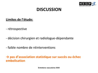Entretiens vasculaires XXXI
DISCUSSION
Limites de l’étude:
- rétrospective
- décision chirurgien et radiologue-dépendante
- faible nombre de réinterventions
→ pas d’association statistique sur succès ou échec
embolisation
 