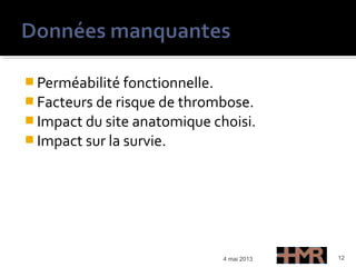  Perméabilité fonctionnelle.
 Facteurs de risque de thrombose.
 Impact du site anatomique choisi.
 Impact sur la survie.
4 mai 2013 12
 