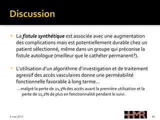  La fistule synthétique est associée avec une augmentation
des complications mais est potentiellement durable chez un
patient sélectionné, même dans un groupe qui préconise la
fistule autologue (meilleur que le cathéter permanent?).
 L’utilisation d’un algorithme d’investigation et de traitement
agressif des accès vasculaires donne une perméabilité
fonctionnelle favorable à long terme…
…malgré la perte de 21,3% des accès avant la première utilisation et la
perte de 11,2% de plus en fonctionnalité pendant le suivi.
4 mai 2013 40
 