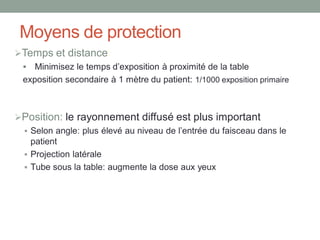Moyens de protection
Temps et distance:
 Minimisez le temps d’exposition à proximité de la table
exposition secondaire à 1 mètre du patient: 1/1000 exposition primaire
Position: le rayonnement diffusé est plus important
 Selon angle: plus élevé au niveau de l’entrée du faisceau dans le
patient
 Projection latérale
 Tube sous la table: augmente la dose aux yeux
 