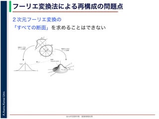 2013年度春学期 画像情報処理
A.Asano,KansaiUniv.
フーリエ変換法による再構成の問題点
fxF(fx, fy)
fy
θ
ξ
断面
F(ξcosθ, ξsinθ)
ξ
Gθ(ξ)
等しい
x
y
θ
s
sg(s, θ)
u
物体
投
影
物体の２次元
フーリエ変換
投影の１次元
フーリエ変換
図 3: 投影定理．
となります。これに上で説明した (x, y) 座標と (s, u) 座標との変数変換を行うと，先に述べたように
dxdy = dsdu ですから，
Gθ(ξ) =
∞
−∞
f(x, y)
exp(−i2πξ(x cos θ + y sin θ))dxdy
=
∞
−∞
f(x, y)
exp(−i2π((ξ cos θ)x + (ξ sin θ)y))dxdy
= F(ξ cos θ, ξ sin θ) (18)
となります。
フーリエ変換法による再構成
投影定理によれば, ひとつの角度 θ における投影を得ると，物体のフーリエ変換のひとつの断面がわか
ることになります。したがって，すべての θ についての投影を求めれば，物体のフーリエ変換 F(fx, fy)
の形はすべて求まります。こうやって得られた F(fx, fy) を逆フーリエ変換すれば，もとの物体 f(x, y)
が再構成されます。このような再構成法を，フーリエ変換法 (Fourier transform method) による再構
２次元フーリエ変換の
「すべての断面」を求めることはできない
 