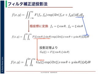 2013年度春学期 画像情報処理
A.Asano,KansaiUniv.
フィルタ補正逆投影法
極座標に変換
前回にならって F(fx, fy) と書くことにしましょう。F(fx, fy) を逆フーリ
すから，
f(x, y) =
∞
−∞
F(fx, fy) exp(i2π(fxx + fyy))dfxdfy
これを，図 1 の右下のように fx = ξ cos θ, fy = ξ sin θ として極座標 (ξ, θ
f(x, y) =
2π
0
∞
0
F(ξ cos θ, ξ sin θ) exp(i2πξ(x cos θ + y sin θ))ξdξdθ
影定理により，Radon 変換 g(s, θ) の s についての 1 次元フーリエ変換 G
Gθ(ξ) = F(ξ cos θ, ξ sin θ)
りますから，
f(x, y) =
2π
0
∞
0
Gθ(ξ) exp(i2πξ(x cos θ + y sin θ))ξdξdθ
f(x, y)] を前回にならって F(fx, fy) と書くことにしましょう。F(fx, fy) を逆
(x, y) ですから，
f(x, y) =
∞
−∞
F(fx, fy) exp(i2π(fxx + fyy))dfxdfy
れます。これを，図 1 の右下のように fx = ξ cos θ, fy = ξ sin θ として極座
f(x, y) =
2π
0
∞
0
F(ξ cos θ, ξ sin θ) exp(i2πξ(x cos θ + y sin θ))ξd
ます。投影定理により，Radon 変換 g(s, θ) の s についての 1 次元フーリエ
Gθ(ξ) = F(ξ cos θ, ξ sin θ)
関係がありますから，
f(x, y) =
2π
0
∞
0
Gθ(ξ) exp(i2πξ(x cos θ + y sin θ))ξdξdθ
f(x, y)] を前回にならって F(fx, fy) と書くことにしましょう。F(fx, fy) を逆フーリエ変
(x, y) ですから，
f(x, y) =
∞
−∞
F(fx, fy) exp(i2π(fxx + fyy))dfxdfy
れます。これを，図 1 の右下のように fx = ξ cos θ, fy = ξ sin θ として極座標 (ξ, θ) に変
f(x, y) =
2π
0
∞
0
F(ξ cos θ, ξ sin θ) exp(i2πξ(x cos θ + y sin θ))ξdξdθ
ます。投影定理により，Radon 変換 g(s, θ) の s についての 1 次元フーリエ変換 Gθ(ξ) と
Gθ(ξ) = F(ξ cos θ, ξ sin θ)
関係がありますから，
f(x, y) =
2π
0
∞
0
Gθ(ξ) exp(i2πξ(x cos θ + y sin θ))ξdξdθ
れます。ここで，ξ の積分区間を (−∞, ∞) とし，そのかわりに θ の積分区間 (0, π) とし
T[f(x, y)] を前回にならって F(fx, fy) と書くことにしましょう。F(fx, fy) を逆フーリ
が f(x, y) ですから，
f(x, y) =
∞
−∞
F(fx, fy) exp(i2π(fxx + fyy))dfxdfy
表されます。これを，図 1 の右下のように fx = ξ cos θ, fy = ξ sin θ として極座標 (ξ, θ)
f(x, y) =
2π
0
∞
0
F(ξ cos θ, ξ sin θ) exp(i2πξ(x cos θ + y sin θ))ξdξdθ
なります。投影定理により，Radon 変換 g(s, θ) の s についての 1 次元フーリエ変換 Gθ
Gθ(ξ) = F(ξ cos θ, ξ sin θ)
いう関係がありますから，
f(x, y) =
2π
0
∞
0
Gθ(ξ) exp(i2πξ(x cos θ + y sin θ))ξdξdθ
すから，
f(x, y) =
∞
−∞
F(fx, fy) exp(i2π(fxx + fyy))dfxdfy
。これを，図 1 の右下のように fx = ξ cos θ, fy = ξ sin θ として極座標 (ξ
f(x, y) =
2π
0
∞
0
F(ξ cos θ, ξ sin θ) exp(i2πξ(x cos θ + y sin θ))ξdξdθ
投影定理により，Radon 変換 g(s, θ) の s についての 1 次元フーリエ変換
Gθ(ξ) = F(ξ cos θ, ξ sin θ)
ありますから，
f(x, y) =
2π
0
∞
0
Gθ(ξ) exp(i2πξ(x cos θ + y sin θ))ξdξdθ
。ここで，ξ の積分区間を (−∞, ∞) とし，そのかわりに θ の積分区間 (0
投影定理より
 