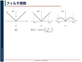 2013年度春学期 画像情報処理
A.Asano,KansaiUniv.
フィルタ関数
ξ
H(ξ)
ξmax– ξmax
ξ
H(ξ)
ξ
H(ξ)
ξmax– ξmax
(a) (b) (c)
々のフィルタ関数．(a) オリジナルのフィルタ関数 (|ξ|)．(b) Ram-Lak フィルタ．(c)
フィルタ．
関数の実現
で説明した「投影を周波数空間において |ξ| 倍するフィルタ」も，実現には多少工夫があ
ィルタは ξ が大きくなるほど倍率（利得）が大きくなるわけですから，無限の空間周波数
限になります（図 2(a)）。現実には，このようなフィルタを作ることはできません。
で，有限の空間周波数の範囲で定義できるように，フィルタを工夫します。投影のもつ最
を周波数空間において |ξ| 倍するフィルタ」も，実現には多少工夫がありま
くなるほど倍率（利得）が大きくなるわけですから，無限の空間周波数で
2(a)）。現実には，このようなフィルタを作ることはできません。
波数の範囲で定義できるように，フィルタを工夫します。投影のもつ最高
数は無意味なので，フィルタでカットしてしまってもかまいません。そこ
ように，関数 |ξ| を ξmax で切断したものを考えます。これを Ramachand
ルタ（Ram-Lak フィルタ）といい，フィルタ関数を H(ξ) で表すと
H(ξ) = |ξ|rect
ξ
2ξmax
高周波数を強調する形になっているので，画像中のノイズを強調する傾向
るため，高周波数での利得を抑えるように調整したフィルタがいろいろ提
ルタ関数の実現
節で説明した「投影を周波数空間において |ξ| 倍するフィルタ」も，実現には多少工夫があり
フィルタは ξ が大きくなるほど倍率（利得）が大きくなるわけですから，無限の空間周波数
無限になります（図 2(a)）。現実には，このようなフィルタを作ることはできません。
こで，有限の空間周波数の範囲で定義できるように，フィルタを工夫します。投影のもつ最
波数 ξmax 以上の周波数は無意味なので，フィルタでカットしてしまってもかまいません。そ
14ﬁg:ﬁlterfunc(b) のように，関数 |ξ| を ξmax で切断したものを考えます。これを Ramacha
hminarayanan フィルタ（Ram-Lak フィルタ）といい，フィルタ関数を H(ξ) で表すと
H(ξ) = |ξ|rect
ξ
2ξmax
ります。
am-Lak フィルタは，高周波数を強調する形になっているので，画像中のノイズを強調する傾
す。その影響を抑えるため，高周波数での利得を抑えるように調整したフィルタがいろいろ
います。代表的なものが Shepp-Logan フィルタで，そのフィルタ関数 H(ξ) は
H(ξ) = |ξ|sinc
ξ
2ξmax
rect
ξ
2ξmax
図 S14ﬁg:ﬁlterfunc(c) のように表わされます。Ram-Lak フィルタに比べて，周波数空間で sin
け算された形になっています。これは実空間では rect 関数とコンヴォリューションを行って
 
