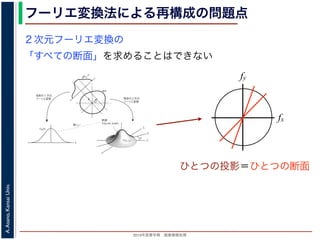 2013年度春学期 画像情報処理
A.Asano,KansaiUniv.
フーリエ変換法による再構成の問題点
fxF(fx, fy)
fy
θ
ξ
断面
F(ξcosθ, ξsinθ)
ξ
Gθ(ξ)
等しい
x
y
θ
s
sg(s, θ)
u
物体
投
影
物体の２次元
フーリエ変換
投影の１次元
フーリエ変換
図 3: 投影定理．
となります。これに上で説明した (x, y) 座標と (s, u) 座標との変数変換を行うと，先に述べたように
dxdy = dsdu ですから，
Gθ(ξ) =
∞
−∞
f(x, y)
exp(−i2πξ(x cos θ + y sin θ))dxdy
=
∞
−∞
f(x, y)
exp(−i2π((ξ cos θ)x + (ξ sin θ)y))dxdy
= F(ξ cos θ, ξ sin θ) (18)
となります。
フーリエ変換法による再構成
投影定理によれば, ひとつの角度 θ における投影を得ると，物体のフーリエ変換のひとつの断面がわか
ることになります。したがって，すべての θ についての投影を求めれば，物体のフーリエ変換 F(fx, fy)
の形はすべて求まります。こうやって得られた F(fx, fy) を逆フーリエ変換すれば，もとの物体 f(x, y)
が再構成されます。このような再構成法を，フーリエ変換法 (Fourier transform method) による再構
２次元フーリエ変換の
「すべての断面」を求めることはできない
fx
fy
ひとつの投影＝ひとつの断面
 