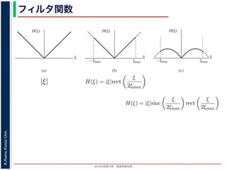 2013年度春学期 画像情報処理
A.Asano,KansaiUniv.
フィルタ関数
ξ
H(ξ)
ξmax– ξmax
ξ
H(ξ)
ξ
H(ξ)
ξmax– ξmax
(a) (b) (c)
々のフィルタ関数．(a) オリジナルのフィルタ関数 (|ξ|)．(b) Ram-Lak フィルタ．(c)
フィルタ．
関数の実現
で説明した「投影を周波数空間において |ξ| 倍するフィルタ」も，実現には多少工夫があ
ィルタは ξ が大きくなるほど倍率（利得）が大きくなるわけですから，無限の空間周波数
限になります（図 2(a)）。現実には，このようなフィルタを作ることはできません。
で，有限の空間周波数の範囲で定義できるように，フィルタを工夫します。投影のもつ最
を周波数空間において |ξ| 倍するフィルタ」も，実現には多少工夫がありま
くなるほど倍率（利得）が大きくなるわけですから，無限の空間周波数で
2(a)）。現実には，このようなフィルタを作ることはできません。
波数の範囲で定義できるように，フィルタを工夫します。投影のもつ最高
数は無意味なので，フィルタでカットしてしまってもかまいません。そこ
ように，関数 |ξ| を ξmax で切断したものを考えます。これを Ramachand
ルタ（Ram-Lak フィルタ）といい，フィルタ関数を H(ξ) で表すと
H(ξ) = |ξ|rect
ξ
2ξmax
高周波数を強調する形になっているので，画像中のノイズを強調する傾向
るため，高周波数での利得を抑えるように調整したフィルタがいろいろ提
ルタ関数の実現
節で説明した「投影を周波数空間において |ξ| 倍するフィルタ」も，実現には多少工夫があり
フィルタは ξ が大きくなるほど倍率（利得）が大きくなるわけですから，無限の空間周波数
無限になります（図 2(a)）。現実には，このようなフィルタを作ることはできません。
こで，有限の空間周波数の範囲で定義できるように，フィルタを工夫します。投影のもつ最
波数 ξmax 以上の周波数は無意味なので，フィルタでカットしてしまってもかまいません。そ
14ﬁg:ﬁlterfunc(b) のように，関数 |ξ| を ξmax で切断したものを考えます。これを Ramacha
hminarayanan フィルタ（Ram-Lak フィルタ）といい，フィルタ関数を H(ξ) で表すと
H(ξ) = |ξ|rect
ξ
2ξmax
ります。
am-Lak フィルタは，高周波数を強調する形になっているので，画像中のノイズを強調する傾
す。その影響を抑えるため，高周波数での利得を抑えるように調整したフィルタがいろいろ
います。代表的なものが Shepp-Logan フィルタで，そのフィルタ関数 H(ξ) は
H(ξ) = |ξ|sinc
ξ
2ξmax
rect
ξ
2ξmax
図 S14ﬁg:ﬁlterfunc(c) のように表わされます。Ram-Lak フィルタに比べて，周波数空間で sin
け算された形になっています。これは実空間では rect 関数とコンヴォリューションを行って
そこで，有限の空間周波数の範囲で定義できるように，フィルタを工夫し
間周波数 ξmax 以上の周波数は無意味なので，フィルタでカットしてしまっ
図 S14ﬁg:ﬁlterfunc(b) のように，関数 |ξ| を ξmax で切断したものを考えま
Lakshminarayanan フィルタ（Ram-Lak フィルタ）といい，フィルタ関数
H(ξ) = |ξ|rect
ξ
2ξmax
となります。
Ram-Lak フィルタは，高周波数を強調する形になっているので，画像中
ります。その影響を抑えるため，高周波数での利得を抑えるように調整した
れています。代表的なものが Shepp-Logan フィルタで，そのフィルタ関数
H(ξ) = |ξ|sinc
ξ
2ξmax
rect
ξ
2ξmax
で，図 S14ﬁg:ﬁlterfunc(c) のように表わされます。Ram-Lak フィルタに比べ
がかけ算された形になっています。これは実空間では rect 関数とコンヴォリ
とに相当するので，実空間で平均値フィルタリングをしていることに相当
 