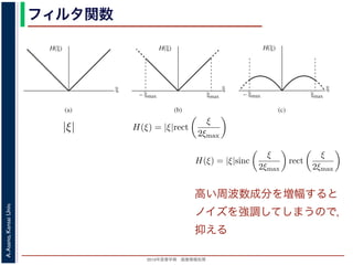 2013年度春学期 画像情報処理
A.Asano,KansaiUniv.
フィルタ関数
ξ
H(ξ)
ξmax– ξmax
ξ
H(ξ)
ξ
H(ξ)
ξmax– ξmax
(a) (b) (c)
々のフィルタ関数．(a) オリジナルのフィルタ関数 (|ξ|)．(b) Ram-Lak フィルタ．(c)
フィルタ．
関数の実現
で説明した「投影を周波数空間において |ξ| 倍するフィルタ」も，実現には多少工夫があ
ィルタは ξ が大きくなるほど倍率（利得）が大きくなるわけですから，無限の空間周波数
限になります（図 2(a)）。現実には，このようなフィルタを作ることはできません。
で，有限の空間周波数の範囲で定義できるように，フィルタを工夫します。投影のもつ最
を周波数空間において |ξ| 倍するフィルタ」も，実現には多少工夫がありま
くなるほど倍率（利得）が大きくなるわけですから，無限の空間周波数で
2(a)）。現実には，このようなフィルタを作ることはできません。
波数の範囲で定義できるように，フィルタを工夫します。投影のもつ最高
数は無意味なので，フィルタでカットしてしまってもかまいません。そこ
ように，関数 |ξ| を ξmax で切断したものを考えます。これを Ramachand
ルタ（Ram-Lak フィルタ）といい，フィルタ関数を H(ξ) で表すと
H(ξ) = |ξ|rect
ξ
2ξmax
高周波数を強調する形になっているので，画像中のノイズを強調する傾向
るため，高周波数での利得を抑えるように調整したフィルタがいろいろ提
ルタ関数の実現
節で説明した「投影を周波数空間において |ξ| 倍するフィルタ」も，実現には多少工夫があり
フィルタは ξ が大きくなるほど倍率（利得）が大きくなるわけですから，無限の空間周波数
無限になります（図 2(a)）。現実には，このようなフィルタを作ることはできません。
こで，有限の空間周波数の範囲で定義できるように，フィルタを工夫します。投影のもつ最
波数 ξmax 以上の周波数は無意味なので，フィルタでカットしてしまってもかまいません。そ
14ﬁg:ﬁlterfunc(b) のように，関数 |ξ| を ξmax で切断したものを考えます。これを Ramacha
hminarayanan フィルタ（Ram-Lak フィルタ）といい，フィルタ関数を H(ξ) で表すと
H(ξ) = |ξ|rect
ξ
2ξmax
ります。
am-Lak フィルタは，高周波数を強調する形になっているので，画像中のノイズを強調する傾
す。その影響を抑えるため，高周波数での利得を抑えるように調整したフィルタがいろいろ
います。代表的なものが Shepp-Logan フィルタで，そのフィルタ関数 H(ξ) は
H(ξ) = |ξ|sinc
ξ
2ξmax
rect
ξ
2ξmax
図 S14ﬁg:ﬁlterfunc(c) のように表わされます。Ram-Lak フィルタに比べて，周波数空間で sin
け算された形になっています。これは実空間では rect 関数とコンヴォリューションを行って
そこで，有限の空間周波数の範囲で定義できるように，フィルタを工夫し
間周波数 ξmax 以上の周波数は無意味なので，フィルタでカットしてしまっ
図 S14ﬁg:ﬁlterfunc(b) のように，関数 |ξ| を ξmax で切断したものを考えま
Lakshminarayanan フィルタ（Ram-Lak フィルタ）といい，フィルタ関数
H(ξ) = |ξ|rect
ξ
2ξmax
となります。
Ram-Lak フィルタは，高周波数を強調する形になっているので，画像中
ります。その影響を抑えるため，高周波数での利得を抑えるように調整した
れています。代表的なものが Shepp-Logan フィルタで，そのフィルタ関数
H(ξ) = |ξ|sinc
ξ
2ξmax
rect
ξ
2ξmax
で，図 S14ﬁg:ﬁlterfunc(c) のように表わされます。Ram-Lak フィルタに比べ
がかけ算された形になっています。これは実空間では rect 関数とコンヴォリ
とに相当するので，実空間で平均値フィルタリングをしていることに相当
高い周波数成分を増幅すると
ノイズを強調してしまうので，
抑える
 
