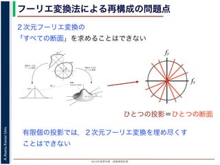 2013年度春学期 画像情報処理
A.Asano,KansaiUniv.
フーリエ変換法による再構成の問題点
fxF(fx, fy)
fy
θ
ξ
断面
F(ξcosθ, ξsinθ)
ξ
Gθ(ξ)
等しい
x
y
θ
s
sg(s, θ)
u
物体
投
影
物体の２次元
フーリエ変換
投影の１次元
フーリエ変換
図 3: 投影定理．
となります。これに上で説明した (x, y) 座標と (s, u) 座標との変数変換を行うと，先に述べたように
dxdy = dsdu ですから，
Gθ(ξ) =
∞
−∞
f(x, y)
exp(−i2πξ(x cos θ + y sin θ))dxdy
=
∞
−∞
f(x, y)
exp(−i2π((ξ cos θ)x + (ξ sin θ)y))dxdy
= F(ξ cos θ, ξ sin θ) (18)
となります。
フーリエ変換法による再構成
投影定理によれば, ひとつの角度 θ における投影を得ると，物体のフーリエ変換のひとつの断面がわか
ることになります。したがって，すべての θ についての投影を求めれば，物体のフーリエ変換 F(fx, fy)
の形はすべて求まります。こうやって得られた F(fx, fy) を逆フーリエ変換すれば，もとの物体 f(x, y)
が再構成されます。このような再構成法を，フーリエ変換法 (Fourier transform method) による再構
２次元フーリエ変換の
「すべての断面」を求めることはできない
fx
fy
ひとつの投影＝ひとつの断面
有限個の投影では，２次元フーリエ変換を埋め尽くす
ことはできない
 