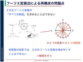 2013年度春学期 画像情報処理
A.Asano,KansaiUniv.
フーリエ変換法による再構成の問題点
fxF(fx, fy)
fy
θ
ξ
断面
F(ξcosθ, ξsinθ)
ξ
Gθ(ξ)
等しい
x
y
θ
s
sg(s, θ)
u
物体
投
影
物体の２次元
フーリエ変換
投影の１次元
フーリエ変換
図 3: 投影定理．
となります。これに上で説明した (x, y) 座標と (s, u) 座標との変数変換を行うと，先に述べたように
dxdy = dsdu ですから，
Gθ(ξ) =
∞
−∞
f(x, y)
exp(−i2πξ(x cos θ + y sin θ))dxdy
=
∞
−∞
f(x, y)
exp(−i2π((ξ cos θ)x + (ξ sin θ)y))dxdy
= F(ξ cos θ, ξ sin θ) (18)
となります。
フーリエ変換法による再構成
投影定理によれば, ひとつの角度 θ における投影を得ると，物体のフーリエ変換のひとつの断面がわか
ることになります。したがって，すべての θ についての投影を求めれば，物体のフーリエ変換 F(fx, fy)
の形はすべて求まります。こうやって得られた F(fx, fy) を逆フーリエ変換すれば，もとの物体 f(x, y)
が再構成されます。このような再構成法を，フーリエ変換法 (Fourier transform method) による再構
２次元フーリエ変換の
「すべての断面」を求めることはできない
fx
fy
ひとつの投影＝ひとつの断面
有限個の投影では，２次元フーリエ変換を埋め尽くす
ことはできない
→補間を行う
 