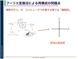 2013年度春学期 画像情報処理
A.Asano,KansaiUniv.
フーリエ変換法による再構成の問題点
fxF(fx, fy)
fy
θ
ξ
断面
F(ξcosθ, ξsinθ)
ξ
Gθ(ξ)
等しい
x
y
θ
s
sg(s, θ)
u
物体
投
影
物体の２次元
フーリエ変換
投影の１次元
フーリエ変換
図 3: 投影定理．
となります。これに上で説明した (x, y) 座標と (s, u) 座標との変数変換を行うと，先に述べたように
dxdy = dsdu ですから，
Gθ(ξ) =
∞
−∞
f(x, y)
exp(−i2πξ(x cos θ + y sin θ))dxdy
=
∞
−∞
f(x, y)
exp(−i2π((ξ cos θ)x + (ξ sin θ)y))dxdy
= F(ξ cos θ, ξ sin θ) (18)
となります。
フーリエ変換法による再構成
投影定理によれば, ひとつの角度 θ における投影を得ると，物体のフーリエ変換のひとつの断面がわか
ることになります。したがって，すべての θ についての投影を求めれば，物体のフーリエ変換 F(fx, fy)
の形はすべて求まります。こうやって得られた F(fx, fy) を逆フーリエ変換すれば，もとの物体 f(x, y)
が再構成されます。このような再構成法を，フーリエ変換法 (Fourier transform method) による再構
fx
fy
断面は極座標
補間を行う。が，コンピュータで計算する限りは「離散的」
 