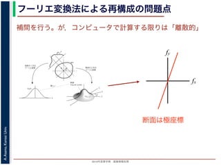 2013年度春学期 画像情報処理
A.Asano,KansaiUniv.
フーリエ変換法による再構成の問題点
fxF(fx, fy)
fy
θ
ξ
断面
F(ξcosθ, ξsinθ)
ξ
Gθ(ξ)
等しい
x
y
θ
s
sg(s, θ)
u
物体
投
影
物体の２次元
フーリエ変換
投影の１次元
フーリエ変換
図 3: 投影定理．
となります。これに上で説明した (x, y) 座標と (s, u) 座標との変数変換を行うと，先に述べたように
dxdy = dsdu ですから，
Gθ(ξ) =
∞
−∞
f(x, y)
exp(−i2πξ(x cos θ + y sin θ))dxdy
=
∞
−∞
f(x, y)
exp(−i2π((ξ cos θ)x + (ξ sin θ)y))dxdy
= F(ξ cos θ, ξ sin θ) (18)
となります。
フーリエ変換法による再構成
投影定理によれば, ひとつの角度 θ における投影を得ると，物体のフーリエ変換のひとつの断面がわか
ることになります。したがって，すべての θ についての投影を求めれば，物体のフーリエ変換 F(fx, fy)
の形はすべて求まります。こうやって得られた F(fx, fy) を逆フーリエ変換すれば，もとの物体 f(x, y)
が再構成されます。このような再構成法を，フーリエ変換法 (Fourier transform method) による再構
fx
fy
断面は極座標
補間を行う。が，コンピュータで計算する限りは「離散的」
 