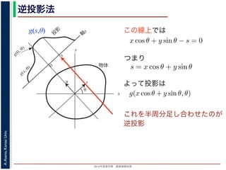 2013年度春学期 画像情報処理
A.Asano,KansaiUniv.
逆投影法
g(s,θ)
x
y
θ
s
軸
s
g(s, θ)
u
物体
投
影
0
g(0, θ)
s
図 2: Radon 変換．
この線上では
これを半周分足し合わせたのが
逆投影
る直線を x 方向に s cos θ ，y 方向に s sin θ だけ移動したものですから，
(x − s cos θ) cos θ + (y − s sin θ) sin θ = 0
すなわち
x cos θ + y sin θ − s = 0
を満たします。したがって (3) 式と同様に
g(s, θ) =
∞
−∞
f(x, y)δ(x cos θ + y sin θ − s)
が得られます。(6) 式を,2 次元分布 f(x, y) から投影 g(s, θ) への Radon
浅野 晃／画像情報処理（2013 年度春学期） 第１３回 (2013. 7. 3) ht
(x, y) での値 f(x, y) を求めるのに，(x, y) を通って写された投影をすべて
とを考えます。こうすると，これらの投影はすべて f(x, y) を含んでいま
れ，投影に含まれている他の値によるぼけは生じるものの，一応 f(x, y)
この方法を逆投影法といいます。本当に復元ができるかどうか，計算して
角度 θ の軸に投影された Radon 変換 g(s, θ) のうち，(x, y) を通ってき
した s と x, y の関係式
s = x cos θ + y sin θ
によって，g(x cos θ + y sin θ, θ) となります。これをすべての θ について
投影法による再構成像 b(x, y) は
b(x, y) =
π
0
g(x cos θ + y sin θ, θ)dθ
と表されます。Radon 変換の式 (前回の (6) 式)，すなわち
g(s, θ) =
∞
−∞
f(x, y)δ(x cos θ + y sin θ − s)d
つまり
よって投影は
投影定理からはいったん離れて，もうすこ
(x, y) での値 f(x, y) を求めるのに，(x, y) を
とを考えます。こうすると，これらの投影は
れ，投影に含まれている他の値によるぼけは
この方法を逆投影法といいます。本当に復元
角度 θ の軸に投影された Radon 変換 g(s,
した s と x, y の関係式
s
によって，g(x cos θ + y sin θ, θ) となります。
投影法による再構成像 b(x, y) は
b(x, y) =
と表されます。Radon 変換の式 (前回の (6)
g(s, θ) =
∞
−∞
f
 