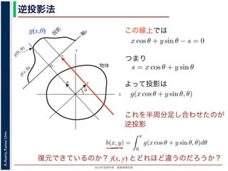 2013年度春学期 画像情報処理
A.Asano,KansaiUniv.
逆投影法
g(s,θ)
x
y
θ
s
軸
s
g(s, θ)
u
物体
投
影
0
g(0, θ)
s
図 2: Radon 変換．
この線上では
これを半周分足し合わせたのが
逆投影
る直線を x 方向に s cos θ ，y 方向に s sin θ だけ移動したものですから，
(x − s cos θ) cos θ + (y − s sin θ) sin θ = 0
すなわち
x cos θ + y sin θ − s = 0
を満たします。したがって (3) 式と同様に
g(s, θ) =
∞
−∞
f(x, y)δ(x cos θ + y sin θ − s)
が得られます。(6) 式を,2 次元分布 f(x, y) から投影 g(s, θ) への Radon
浅野 晃／画像情報処理（2013 年度春学期） 第１３回 (2013. 7. 3) ht
(x, y) での値 f(x, y) を求めるのに，(x, y) を通って写された投影をすべて
とを考えます。こうすると，これらの投影はすべて f(x, y) を含んでいま
れ，投影に含まれている他の値によるぼけは生じるものの，一応 f(x, y)
この方法を逆投影法といいます。本当に復元ができるかどうか，計算して
角度 θ の軸に投影された Radon 変換 g(s, θ) のうち，(x, y) を通ってき
した s と x, y の関係式
s = x cos θ + y sin θ
によって，g(x cos θ + y sin θ, θ) となります。これをすべての θ について
投影法による再構成像 b(x, y) は
b(x, y) =
π
0
g(x cos θ + y sin θ, θ)dθ
と表されます。Radon 変換の式 (前回の (6) 式)，すなわち
g(s, θ) =
∞
−∞
f(x, y)δ(x cos θ + y sin θ − s)d
つまり
よって投影は
投影定理からはいったん離れて，もうすこ
(x, y) での値 f(x, y) を求めるのに，(x, y) を
とを考えます。こうすると，これらの投影は
れ，投影に含まれている他の値によるぼけは
この方法を逆投影法といいます。本当に復元
角度 θ の軸に投影された Radon 変換 g(s,
した s と x, y の関係式
s
によって，g(x cos θ + y sin θ, θ) となります。
投影法による再構成像 b(x, y) は
b(x, y) =
と表されます。Radon 変換の式 (前回の (6)
g(s, θ) =
∞
−∞
f
用いられた「フィルタ補正逆投影法」の考えを説明します。
逆投影法
投影定理からはいったん離れて，もうすこし素朴な再構成の方法を考えてみ
(x, y) での値 f(x, y) を求めるのに，(x, y) を通って写された投影をすべての θ
とを考えます。こうすると，これらの投影はすべて f(x, y) を含んでいますか
れ，投影に含まれている他の値によるぼけは生じるものの，一応 f(x, y) が復
この方法を逆投影法といいます。本当に復元ができるかどうか，計算してみま
角度 θ の軸に投影された Radon 変換 g(s, θ) のうち，(x, y) を通ってきた部分
した s と x, y の関係式
s = x cos θ + y sin θ
によって，g(x cos θ + y sin θ, θ) となります。これをすべての θ について足しあ
投影法による再構成像 b(x, y) は
b(x, y) =
π
0
g(x cos θ + y sin θ, θ)dθ
と表されます。Radon 変換の式 (前回の (6) 式)，すなわち復元できているのか？ f(x, y) とどれほど違うのだろうか？
 