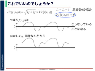 2013年度春学期 画像情報処理
A.Asano,KansaiUniv.
これでいいのでしょうか？
つまりf(x, y)は
fx + fy
証明は略），(9) 式は
FT[f(x, y)] = f2
x + f2
y × FT[b(x, y)] (11)
物体 f(x, y) のフーリエ変換を復元できます。この方法を逆フィルタリング
，このような方法でコンヴォリューションの逆演算を行うことをデコンヴォ
tion) といいます。
題点があります。そのひとつは，逆投影 b(x, y) は物体 f(x, y) がぼけて広がっ
FT[b(x, y)] を物体 f(x, y) の存在する範囲よりもずっと大きくとって計算しな
。
は吸収率の分布ですから，すべての (x, y) において正の値であるはずなのに，
のとき FT[f(x, y)] = 0 となることです。つまり，フーリエ変換の周波数 0 の
均が 0 なのに，f(x, y) がすべて正の値というのはありえないはずです。これ
T[b(x, y)] は発散してしまっていて，そもそも情報が得られていないことに原
ければならないことです。
もうひとつは，f(x, y) は吸収率の分布ですから
(11) 式から fx = fy = 0 のとき FT[f(x, y)] = 0
値，すなわち f(x, y) の平均が 0 なのに，f(x, y)
は，fx = fy = 0 のとき FT[b(x, y)] は発散してし
因があります。
フィルタ補正逆投影法
前節のように逆投影法は実はうまくいきません
かも実用的な再構成法を導くことができます。
浅野 晃／画像情報処理（2013 年度春学期） 第１４回 (2013. 7
た形になっているため，FT[b(x, y)] を物体 f(x, y) の存在する範囲
ければならないことです。
もうひとつは，f(x, y) は吸収率の分布ですから，すべての (x, y
(11) 式から fx = fy = 0 のとき FT[f(x, y)] = 0 となることです。
値，すなわち f(x, y) の平均が 0 なのに，f(x, y) がすべて正の値と
は，fx = fy = 0 のとき FT[b(x, y)] は発散してしまっていて，そも
因があります。
フィルタ補正逆投影法
前節のように逆投影法は実はうまくいきませんが，投影定理を用
かも実用的な再構成法を導くことができます。
浅野 晃／画像情報処理（2013 年度春学期） 第１４回 (2013. 7. 10)
周波数0の成分
0
こうなっている
ことになる
おかしい。画像なんだから
0
 