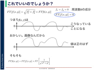 2013年度春学期 画像情報処理
A.Asano,KansaiUniv.
これでいいのでしょうか？
つまりf(x, y)は
fx + fy
証明は略），(9) 式は
FT[f(x, y)] = f2
x + f2
y × FT[b(x, y)] (11)
物体 f(x, y) のフーリエ変換を復元できます。この方法を逆フィルタリング
，このような方法でコンヴォリューションの逆演算を行うことをデコンヴォ
tion) といいます。
題点があります。そのひとつは，逆投影 b(x, y) は物体 f(x, y) がぼけて広がっ
FT[b(x, y)] を物体 f(x, y) の存在する範囲よりもずっと大きくとって計算しな
。
は吸収率の分布ですから，すべての (x, y) において正の値であるはずなのに，
のとき FT[f(x, y)] = 0 となることです。つまり，フーリエ変換の周波数 0 の
均が 0 なのに，f(x, y) がすべて正の値というのはありえないはずです。これ
T[b(x, y)] は発散してしまっていて，そもそも情報が得られていないことに原
b(x, y) =
∞
−∞
f(x , y )
1
(x − x)2 + (y − y)2
dx dy
= f(x, y) ∗
1
x2 + y2
(8)
第１部で出てきたコンヴォリューションの記号です。したがって，逆投影法による
もとの物体 f(x, y) の各点に関数 1/ x2 + y2 を重畳してぼかした像になります。
られた像は大きくぼやけているので，まだ再構成像が得られたとはいえません。し
リエ変換すると, 第１部で説明した「コンヴォリューションのフーリエ変換＝フーリ
関係があるので
FT[b(x, y)] = FT[f(x, y)] × FT
1
x2 + y2
∴ FT[f(x, y)] = FT[b(x, y)]/FT
1
(9)
ければならないことです。
もうひとつは，f(x, y) は吸収率の分布ですから
(11) 式から fx = fy = 0 のとき FT[f(x, y)] = 0
値，すなわち f(x, y) の平均が 0 なのに，f(x, y)
は，fx = fy = 0 のとき FT[b(x, y)] は発散してし
因があります。
フィルタ補正逆投影法
前節のように逆投影法は実はうまくいきません
かも実用的な再構成法を導くことができます。
浅野 晃／画像情報処理（2013 年度春学期） 第１４回 (2013. 7
た形になっているため，FT[b(x, y)] を物体 f(x, y) の存在する範囲
ければならないことです。
もうひとつは，f(x, y) は吸収率の分布ですから，すべての (x, y
(11) 式から fx = fy = 0 のとき FT[f(x, y)] = 0 となることです。
値，すなわち f(x, y) の平均が 0 なのに，f(x, y) がすべて正の値と
は，fx = fy = 0 のとき FT[b(x, y)] は発散してしまっていて，そも
因があります。
フィルタ補正逆投影法
前節のように逆投影法は実はうまくいきませんが，投影定理を用
かも実用的な再構成法を導くことができます。
浅野 晃／画像情報処理（2013 年度春学期） 第１４回 (2013. 7. 10)
周波数0の成分
0
こうなっている
ことになる
おかしい。画像なんだから
0
値は正のはず
そもそも
 