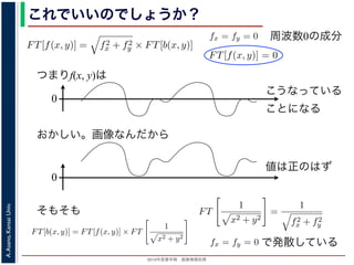 2013年度春学期 画像情報処理
A.Asano,KansaiUniv.
これでいいのでしょうか？
つまりf(x, y)は
fx + fy
証明は略），(9) 式は
FT[f(x, y)] = f2
x + f2
y × FT[b(x, y)] (11)
物体 f(x, y) のフーリエ変換を復元できます。この方法を逆フィルタリング
，このような方法でコンヴォリューションの逆演算を行うことをデコンヴォ
tion) といいます。
題点があります。そのひとつは，逆投影 b(x, y) は物体 f(x, y) がぼけて広がっ
FT[b(x, y)] を物体 f(x, y) の存在する範囲よりもずっと大きくとって計算しな
。
は吸収率の分布ですから，すべての (x, y) において正の値であるはずなのに，
のとき FT[f(x, y)] = 0 となることです。つまり，フーリエ変換の周波数 0 の
均が 0 なのに，f(x, y) がすべて正の値というのはありえないはずです。これ
T[b(x, y)] は発散してしまっていて，そもそも情報が得られていないことに原
b(x, y) =
∞
−∞
f(x , y )
1
(x − x)2 + (y − y)2
dx dy
= f(x, y) ∗
1
x2 + y2
(8)
第１部で出てきたコンヴォリューションの記号です。したがって，逆投影法による
もとの物体 f(x, y) の各点に関数 1/ x2 + y2 を重畳してぼかした像になります。
られた像は大きくぼやけているので，まだ再構成像が得られたとはいえません。し
リエ変換すると, 第１部で説明した「コンヴォリューションのフーリエ変換＝フーリ
関係があるので
FT[b(x, y)] = FT[f(x, y)] × FT
1
x2 + y2
∴ FT[f(x, y)] = FT[b(x, y)]/FT
1
(9)
= f(x, y) ∗
1
x2 + y2
となります。∗ は，第１部で出てきたコンヴォリューションの記号です。し
再構成像 b(x, y) は，もとの物体 f(x, y) の各点に関数 1/ x2 + y2 を重畳し
このままでは，得られた像は大きくぼやけているので，まだ再構成像が得
かし，(8) 式をフーリエ変換すると, 第１部で説明した「コンヴォリューショ
エ変換のかけ算」の関係があるので
FT[b(x, y)] = FT[f(x, y)] × FT
1
x2 + y2
∴ FT[f(x, y)] = FT[b(x, y)]/FT
1
x2 + y2
となります。
FT
1
x2 + y2
=
1
f2
x + f2
y
であることを用いると（証明は略），(9) 式は
ければならないことです。
もうひとつは，f(x, y) は吸収率の分布ですから
(11) 式から fx = fy = 0 のとき FT[f(x, y)] = 0
値，すなわち f(x, y) の平均が 0 なのに，f(x, y)
は，fx = fy = 0 のとき FT[b(x, y)] は発散してし
因があります。
フィルタ補正逆投影法
前節のように逆投影法は実はうまくいきません
かも実用的な再構成法を導くことができます。
浅野 晃／画像情報処理（2013 年度春学期） 第１４回 (2013. 7
た形になっているため，FT[b(x, y)] を物体 f(x, y) の存在する範囲
ければならないことです。
もうひとつは，f(x, y) は吸収率の分布ですから，すべての (x, y
(11) 式から fx = fy = 0 のとき FT[f(x, y)] = 0 となることです。
値，すなわち f(x, y) の平均が 0 なのに，f(x, y) がすべて正の値と
は，fx = fy = 0 のとき FT[b(x, y)] は発散してしまっていて，そも
因があります。
フィルタ補正逆投影法
前節のように逆投影法は実はうまくいきませんが，投影定理を用
かも実用的な再構成法を導くことができます。
浅野 晃／画像情報処理（2013 年度春学期） 第１４回 (2013. 7. 10)
周波数0の成分
0
こうなっている
ことになる
おかしい。画像なんだから
0
値は正のはず
そもそも
∴ FT[f(x, y)] = FT
となります。
FT
1
x2 +
であることを用いると（証明は略），(9) 式は
FT[f(x, y)] =
となり，(11) 式でもとの物体 f(x, y) のフーリエ
(inverse ﬁltering) といい，このような方法でコ
リューション (deconvolution) といいます。
この方法には，2 つの問題点があります。そのひ
た形になっているため，FT[b(x, y)] を物体 f(x,
ければならないことです。
もうひとつは，f(x, y) は吸収率の分布ですから
(11) 式から fx = fy = 0 のとき FT[f(x, y)] = 0
値，すなわち f(x, y) の平均が 0 なのに，f(x, y)
で発散している
 