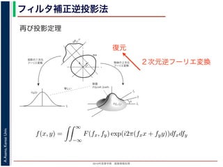 2013年度春学期 画像情報処理
A.Asano,KansaiUniv.
フィルタ補正逆投影法
再び投影定理
fxF(fx, fy)
fy
θ
ξ
断面
F(ξcosθ, ξsinθ)
ξ
Gθ(ξ)
等しい
x
y
θ
s
sg(s, θ)
u
物体
投
影
物体の２次元
フーリエ変換
投影の１次元
フーリエ変換
図 3: 投影定理．
となります。これに上で説明した (x, y) 座標と (s, u) 座標との変数変換を行うと，先に述べたように
dxdy = dsdu ですから，
Gθ(ξ) =
∞
−∞
f(x, y)
exp(−i2πξ(x cos θ + y sin θ))dxdy
=
∞
−∞
f(x, y)
exp(−i2π((ξ cos θ)x + (ξ sin θ)y))dxdy
F(fx, fy)
ξ
Gθ(ξ)
図 1: 投影定理．
)] を前回にならって F(fx, fy) と書くことにしましょう。F(fx, fy) を逆フーリエ
ですから，
f(x, y) =
∞
−∞
F(fx, fy) exp(i2π(fxx + fyy))dfxdfy
す。これを，図 1 の右下のように fx = ξ cos θ, fy = ξ sin θ として極座標 (ξ, θ) に
復元
２次元逆フーリエ変換
 