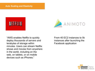 Auto Scaling and Elasticity

―AWS enables Netflix to quickly
deploy thousands of servers and
terabytes of storage within
minutes. Users can stream Netflix
shows and movies from anywhere
in the world, including on the
web, on tablets, or on mobile
devices such as iPhones.‖

From 40 EC2 instances to 5k
instances after launching the
Facebook application

 
