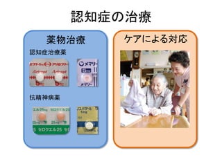 認知症の治療
  薬物治療      ケアによる対応
認知症治療薬




抗精神病薬
 